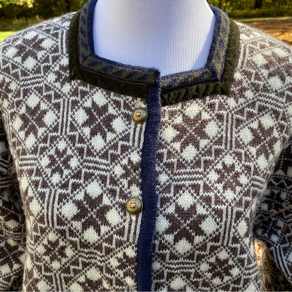 OLEANA NORWAY SWEATER CARDIGAN BROWN CREAM BLUE FAIR ISLE WOOL SQUARE NECK S - Picture 2 of 11